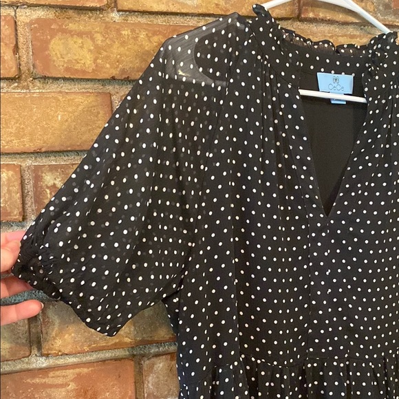 CeCe Black V-Neck w/ Sheer Puff Sleeves Midi Dress - Picture 2 of 7